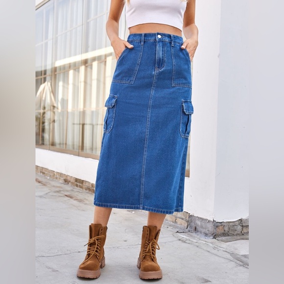Slit Midi Denim Skirt with Pockets - Picture 3 of 5